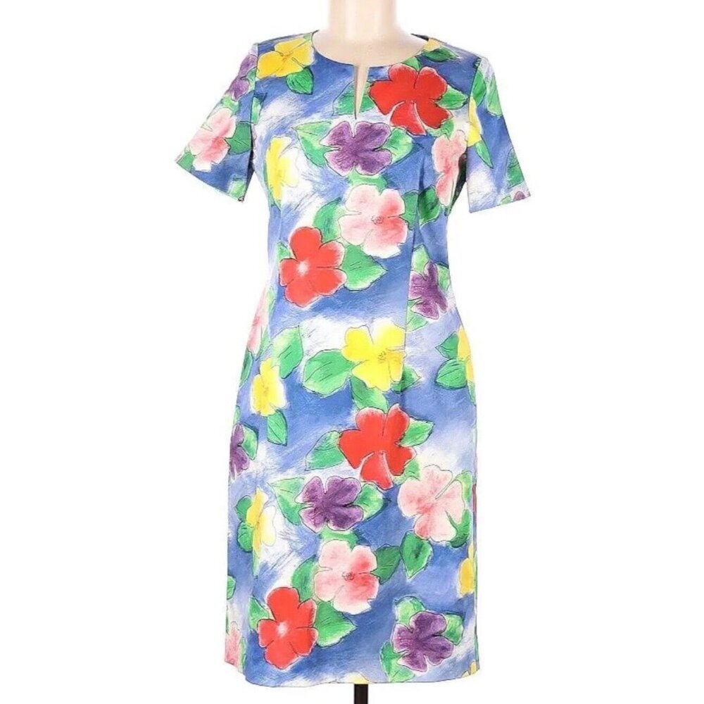 Leggiadro Short Sleeve Sheath Dress Cotton‎ Blend Watercolor Floral Dress Size 8